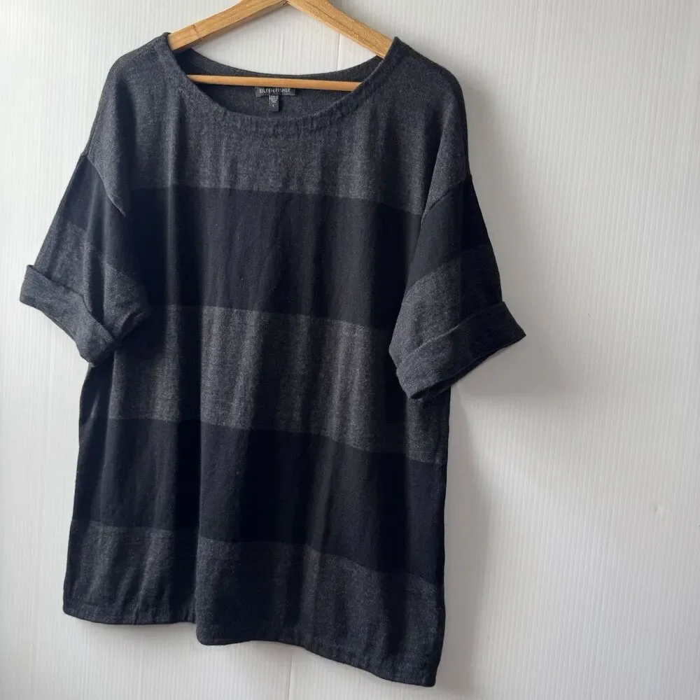 EILEEN FISHER 100% Merino Wool Italian Yarn Black Gray Sz L Sweater Top